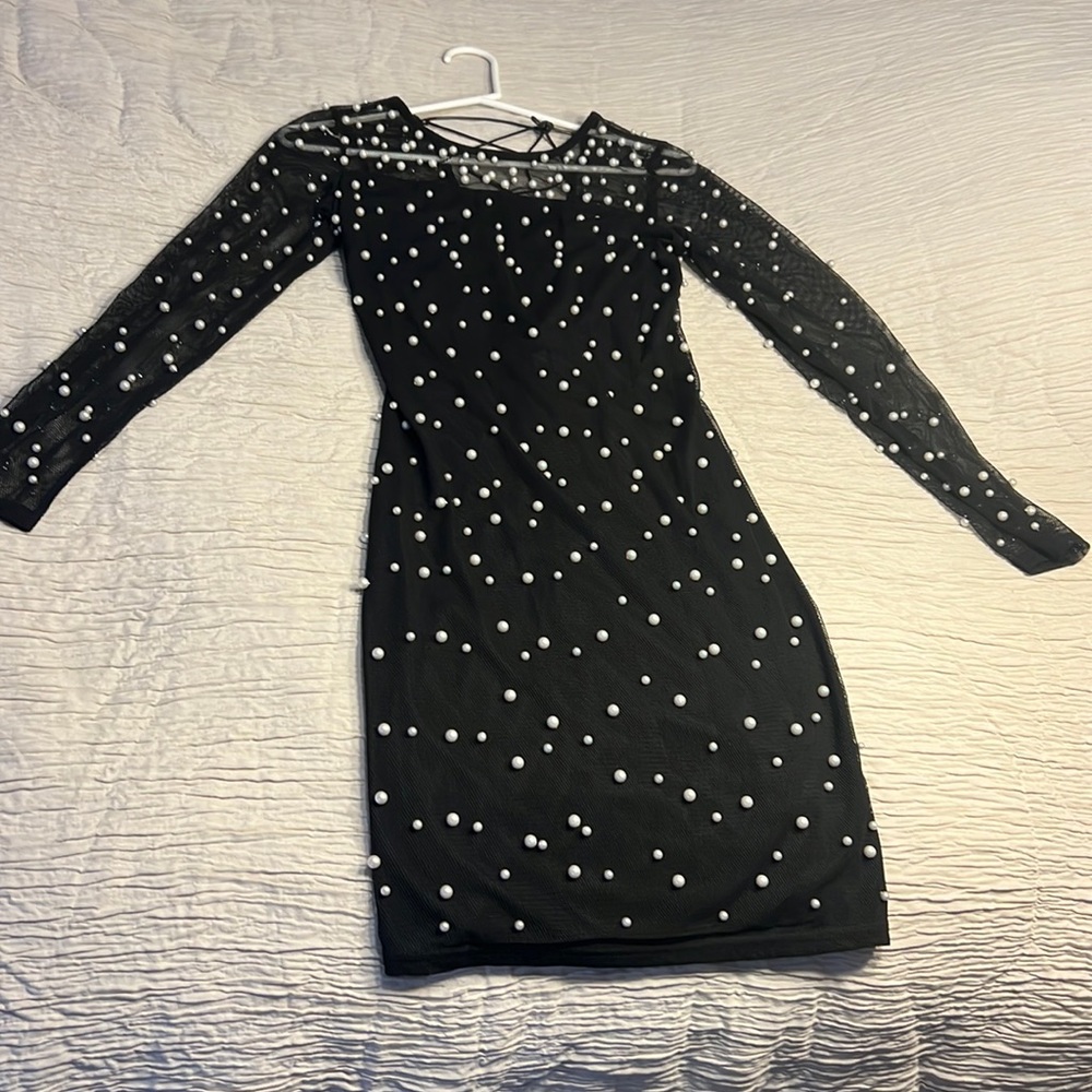 COPY - Black Mesh Akiria pearl covered mini dress